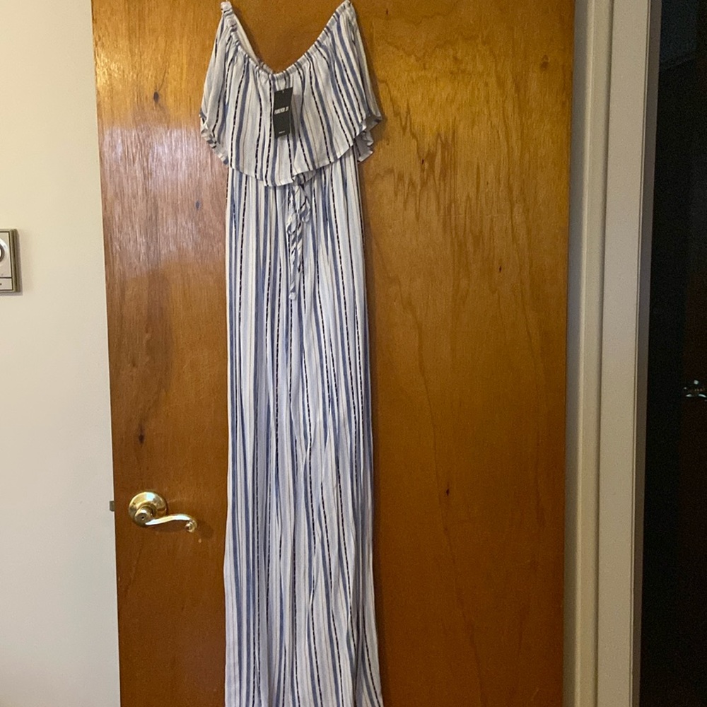Strapless blue striped maxi dress